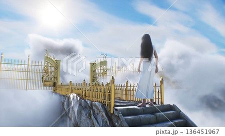stairway to heaven. A woman stands in front of a paradise, eden gates. Religious concept. 3d rendering. stairway to heaven. A woman stands in front of a paradise, eden gates. Religious concept. 3d rendering. 136451967