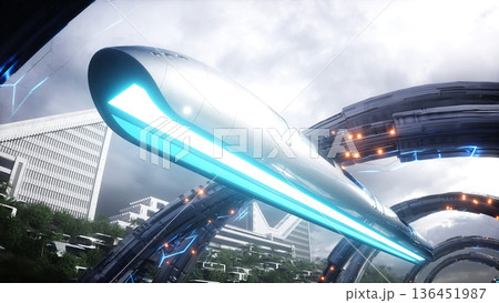 Futuristic city. Flying passenger train. Futuristic architecture. People and robots. 3d rendering. Futuristic city. Flying passenger train. Futuristic architecture. People and robots. 3d rendering. 136451987