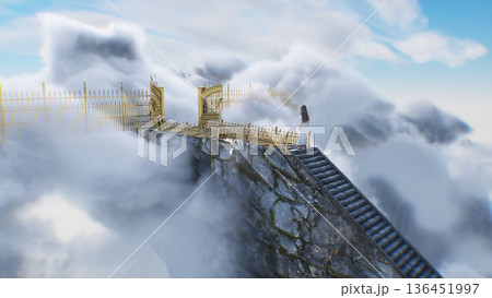 stairway to heaven. A woman stands in front of a paradise, eden gates. Religious concept. 3d rendering. stairway to heaven. A woman stands in front of a paradise, eden gates. Religious concept. 3d rendering. 136451997