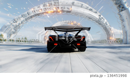 An futuristic grey sport car driving fast on a futuristic city street. Concept of future. 3d rendering. An futuristic grey sport car driving fast on a futuristic city street. Concept of future. 3d rendering. 136451998