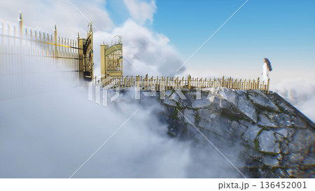 stairway to heaven. A woman stands in front of a paradise, eden gates. Religious concept. 3d rendering. stairway to heaven. A woman stands in front of a paradise, eden gates. Religious concept. 3d rendering. 136452001