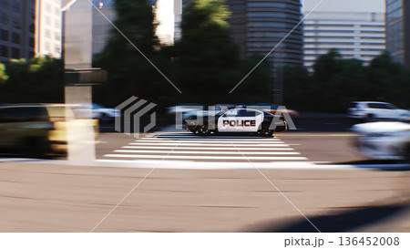 An police driving fast on a city street. 3d rendering. 136452008