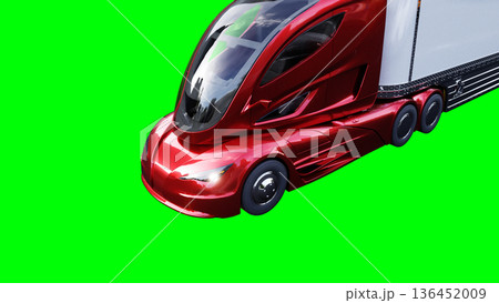 Electric futuristic red cargo truck driving fast. dynamic reflections on the car body. green screen isolate. 3d rendering. Electric futuristic red cargo truck driving fast. dynamic reflections on the car body. green screen isolate. 3d rendering. 136452009