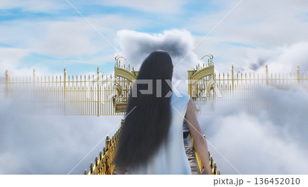 stairway to heaven. A woman stands in front of a paradise, eden gates. Religious concept. 3d rendering. 136452010