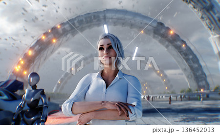 A woman and futuristic city. Sci fi architecture and buildings. Future concept. Flying cars in air. 3d rendering. A woman and futuristic city. Sci fi architecture and buildings. Future concept. Flying cars in air. 3d rendering. 136452013