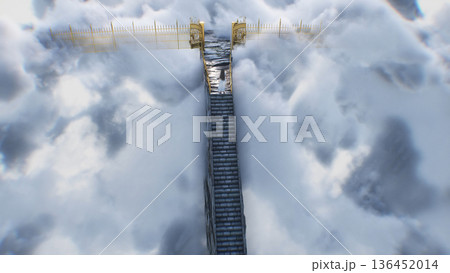 stairway to heaven. A woman stands in front of a paradise, eden gates. Religious concept. 3d rendering. stairway to heaven. A woman stands in front of a paradise, eden gates. Religious concept. 3d rendering. 136452014