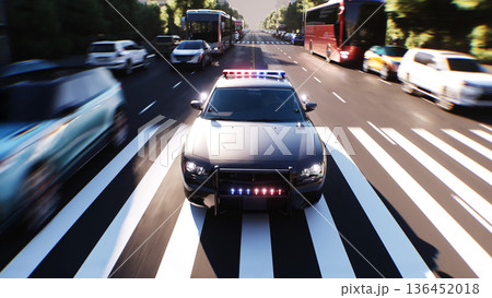 An police driving fast on a city street. 3d rendering. An police driving fast on a city street. 3d rendering. 136452018