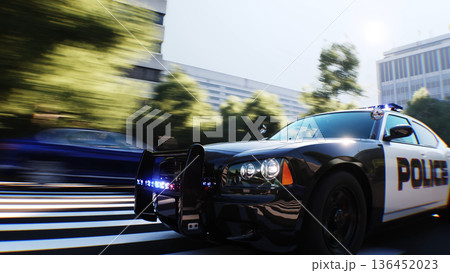 An police driving fast on a city street. 3d rendering. An police driving fast on a city street. 3d rendering. 136452023