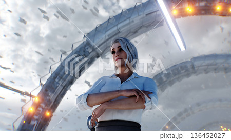 A woman and futuristic city. Sci fi architecture and buildings. Future concept. Flying cars in air. 3d rendering. 136452027