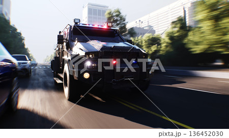 An swat police driving fast on a city street. 3d rendering. 136452030