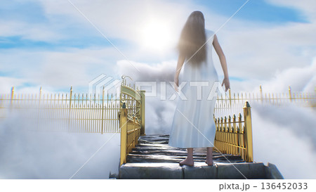stairway to heaven. A woman stands in front of a paradise, eden gates. Religious concept. 3d rendering. stairway to heaven. A woman stands in front of a paradise, eden gates. Religious concept. 3d rendering. 136452033