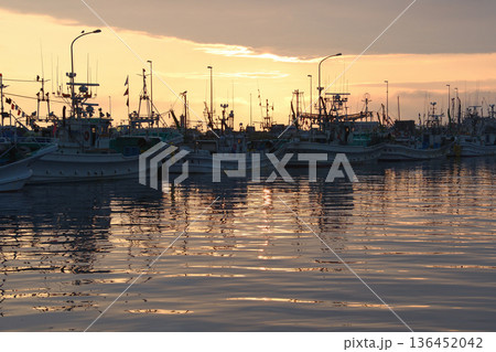 漁船並ぶ漁港の朝 136452042