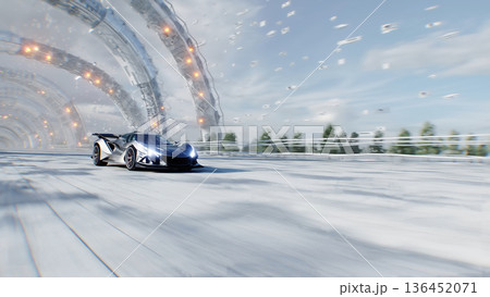 An futuristic grey sport car driving fast on a futuristic city street. Concept of future. 3d rendering. An futuristic grey sport car driving fast on a futuristic city street. Concept of future. 3d rendering. 136452071