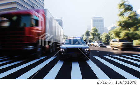 An police driving fast on a city street. 3d rendering. 136452079