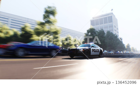 An police driving fast on a city street. 3d rendering. An police driving fast on a city street. 3d rendering. 136452096