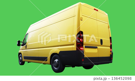 Yellow delivery car driving fast. realistic dynamic reflections on the car body. green screen isolate. 3d rendering. 136452098