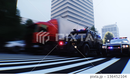 An swat police driving fast on a city street. 3d rendering. 136452104