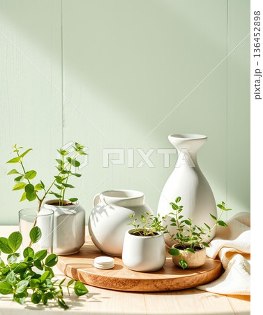 White ceramic pots & vases with green plants on wood. Still life photography. White ceramic pots & vases with green plants on wood. Still life photography. 136452898