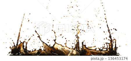 Black Coffee, tea, espresso, cola pouring and splash as crown water. Coffee, tea, espresso, cola explode bubble splash in mid air. White background isolated photo with gold glitter 136453174