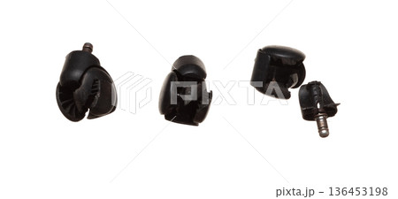 Office rolling desk chair wheel broken, wheels of office chair brake into piece from weight or hit. Spare parts of office wheel roller chairs on white background isolated Office rolling desk chair wheel broken, wheels of office chair brake into piece from weight or hit. Spare parts of office wheel roller chairs on white background isolated 136453198