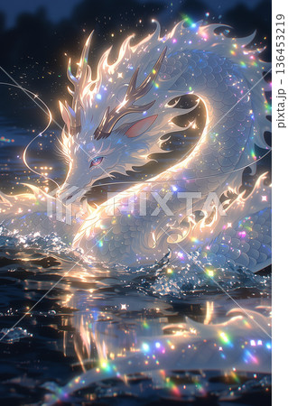 夜の湖面に現れた虹色のオーラの白龍 136453219