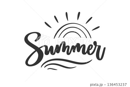 Summer Handwritten Lettering with Rainbow Arc Sun Rays Ocean Waves. Summer Beach Calligraphy Script for Poster Print Apparel Greeting Card Branding Sticker Minimal Clean Wall Art. Vector Illustration Summer Handwritten Lettering with Rainbow Arc Sun Rays Ocean Waves. Summer Beach Calligraphy Script for Poster Print Apparel Greeting Card Branding Sticker Minimal Clean Wall Art. Vector Illustration 136453237