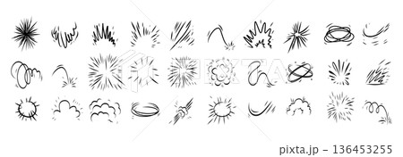 Comic effect manga elements set in black ink on white background. Hand drawn doodle bursts, speed lines, speech 136453255