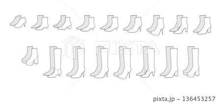 High heel boots women line pair. ankle sock, platform block, stiletto, knee, stiletto, pointed toe, block, tall. High heel boots women line pair. ankle sock, platform block, stiletto, knee, stiletto, pointed toe, block, tall. 136453257