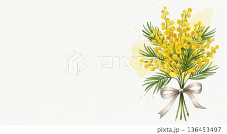 淡い水彩風の可愛いミモザの花イラスト｜春の感謝・国際女性デー 136453497