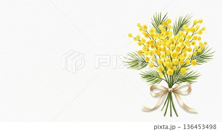 淡い水彩風の可愛いミモザの花イラスト｜春の感謝・国際女性デー 136453498