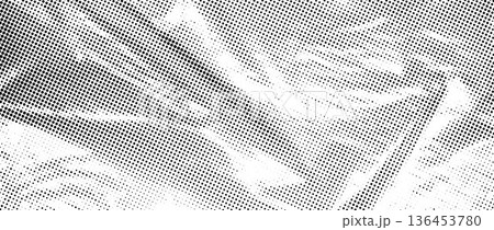 Halftone wrinkled cellophane effect overlay. Dotted crumpled plastic texture. Duotone comic gritty paper wallpaper. Bitmap rough creased film background. Vector creasy surface in cartoon pop art style 136453780