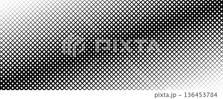 Black thin to thick net pattern gradient. Vanishing slanted grid texture background. Diagonal mesh backdrop for overlay, print, cover, banner, poster. Fading overlapping lattice wallpaper. Vector 136453784