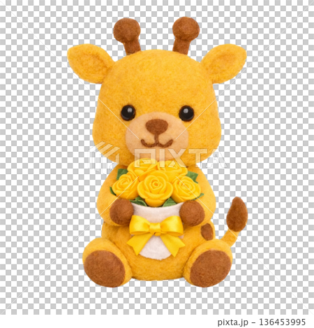 【父親節】長頸鹿手捧一束毛氈玫瑰花的插圖 136453995