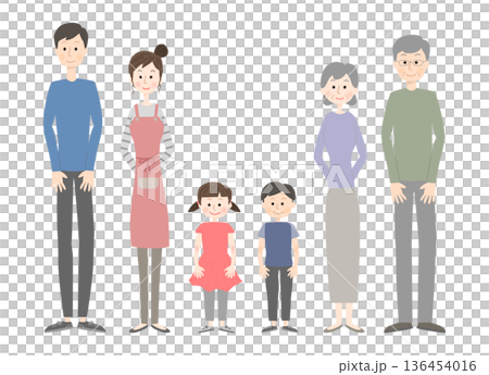 笑顔で立つ三世代家族のイラスト 136454016