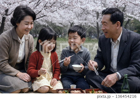 昭和の情景　家族でお花見 136454216