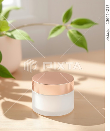 A luxurious cosmetic jar with a copper lid sitting on a wooden surface, daytime. 136454217