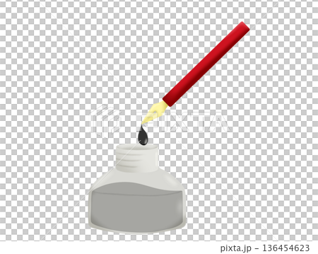 Red fountain pen and black ink bottle 136454623