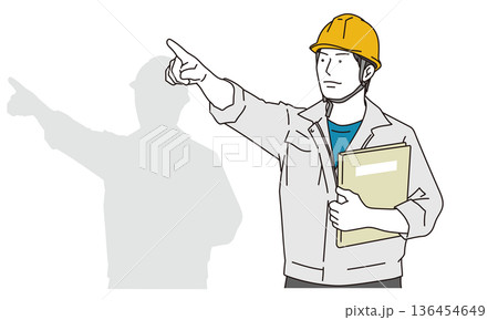遠くを指差しをする作業着の男性のイラスト素材 136454649