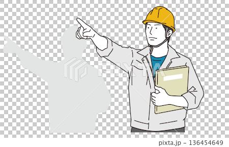 遠くを指差しをする作業着の男性のイラスト素材 136454649