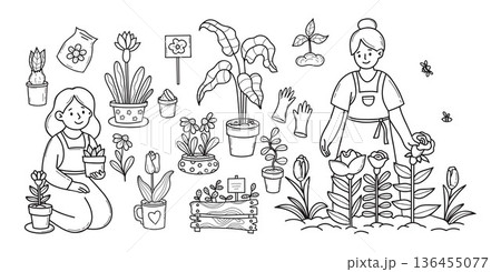 Woman Gardener with Flowers and Houseplants Hand Drawn Set. Isolated Outline Women Gardeners with Potted Plants Black Doodle. Vector illustration. Not AI Woman Gardener with Flowers and Houseplants Hand Drawn Set. Isolated Outline Women Gardeners with Potted Plants Black Doodle. Vector illustration. Not AI 136455077