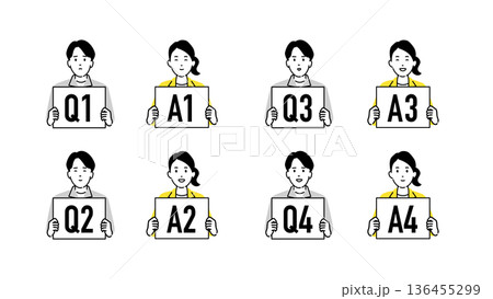 質問する若い作業着の男性と回答するエキスパート、Q&Aボードを持つ人物アイコンセット 136455299