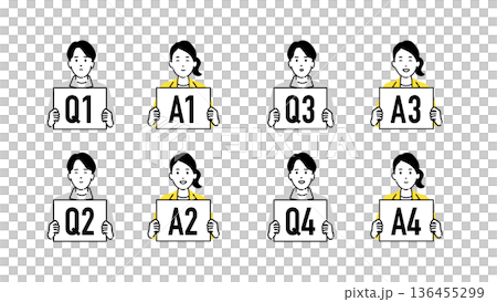 質問する若い作業着の男性と回答するエキスパート、Q&Aボードを持つ人物アイコンセット 136455299