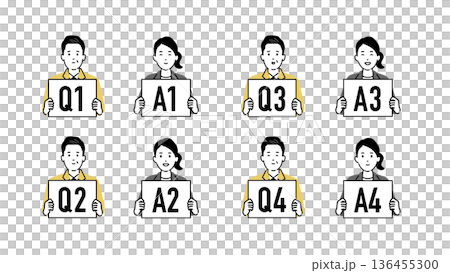 質問する作業着の中年男性と回答するエキスパート、Q&Aボードを持つ人物アイコンセット 質問する作業着の中年男性と回答するエキスパート、Q&Aボードを持つ人物アイコンセット 136455300