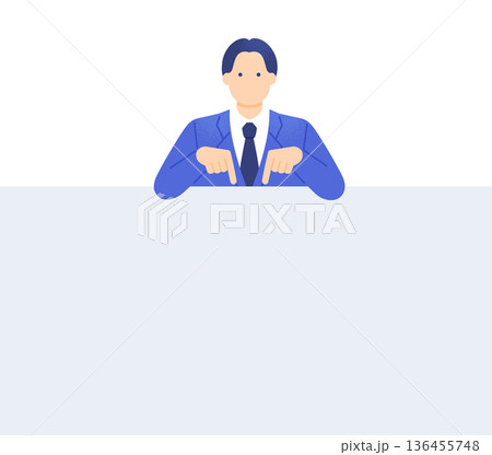 両手で下を指差すスーツ姿の男性。テキストスペースを示すビジネスマンのベクターイラスト素材。 136455748
