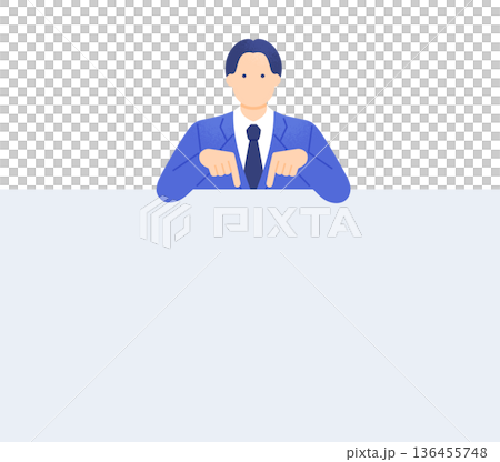 一位身穿西裝的男士雙手向下指著。向量圖，描繪了一位商務人士指向文字區域。 136455748