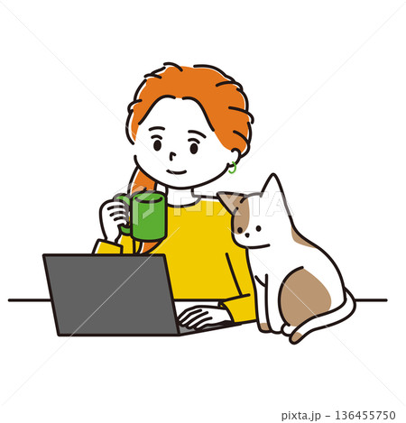 コーヒーを飲みながらリモートワークをする女性と猫のイラスト コーヒーを飲みながらリモートワークをする女性と猫のイラスト 136455750