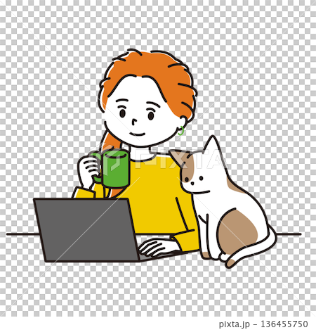 コーヒーを飲みながらリモートワークをする女性と猫のイラスト コーヒーを飲みながらリモートワークをする女性と猫のイラスト 136455750