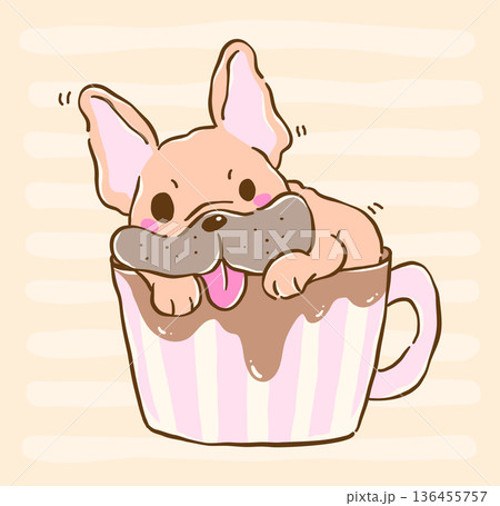 Cute french bulldog grumpy in big coffee cup cartoon hand drawn derp funny relatable humor dog illustration 136455757