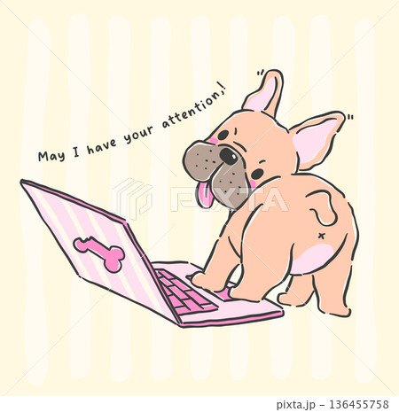 Cute french bulldog grumpy work on laptop cartoon hand drawn work from home derp funny relatable humor dog illustration 136455758