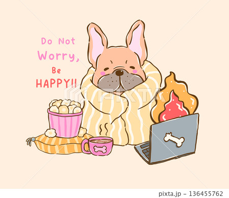 Cute french bulldog lazy work from home cartoon hand drawn wrapped with blanket derp funny illustration 136455762